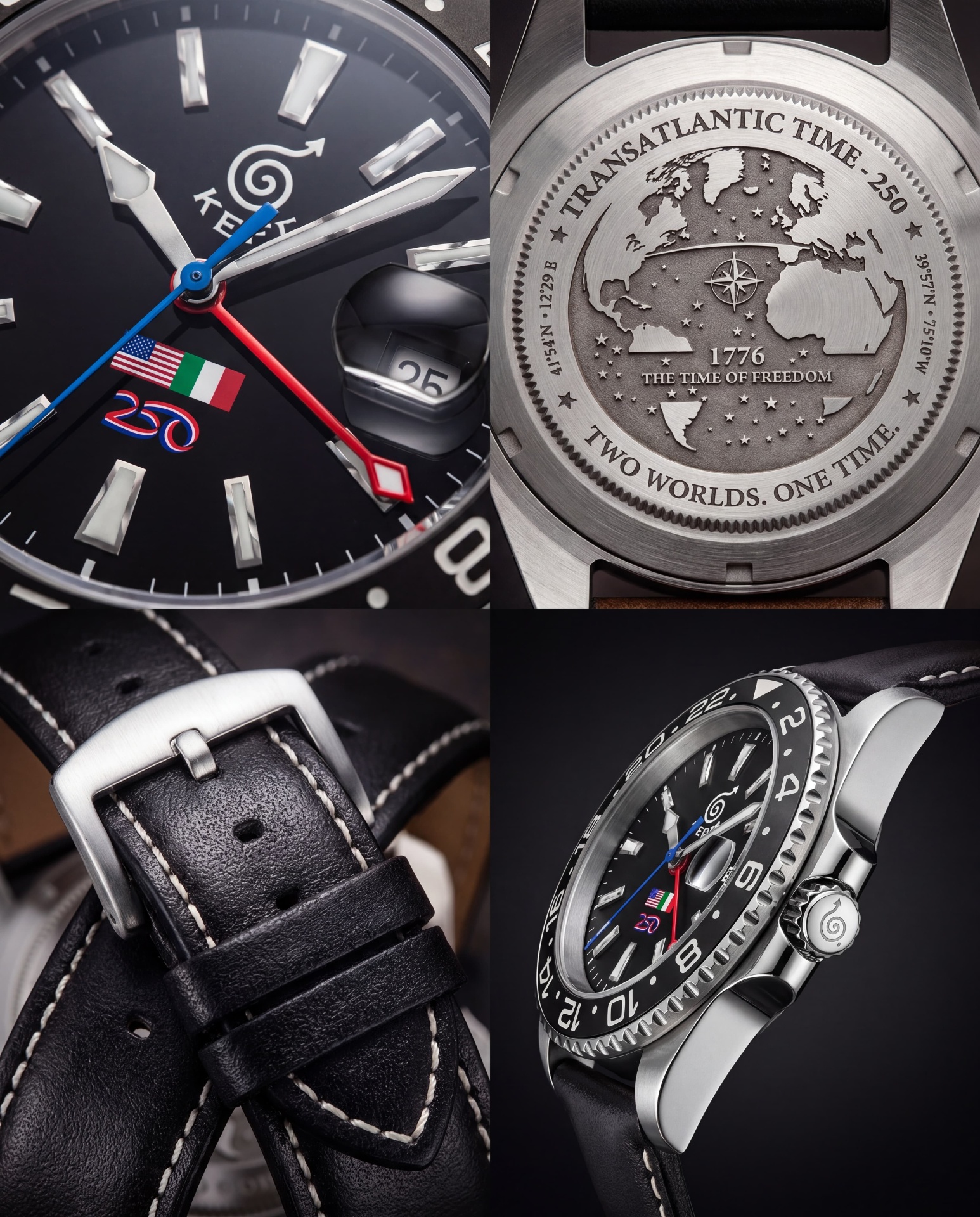 Detail macro shots of the 1776 Transatlantic Time watch — dial, caseback, strap, profile